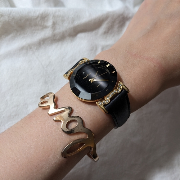 Pierre Nicol Accessories - Pierre Nicol gold crystal lug faceted black leather watch